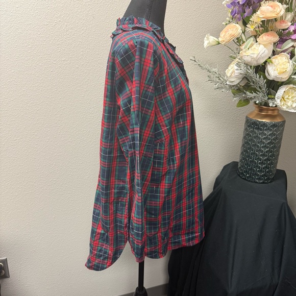 Talbots Plus Red Green Plaid Ruffle Neck Blouse XL Holiday Fall Winter Top - Picture 4 of 7